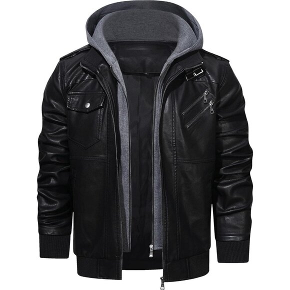 🆕 Men Black Faux Leather Zipper Motorcycle Bomber Jacket Stand Collar PU Hood - Picture 4 of 7